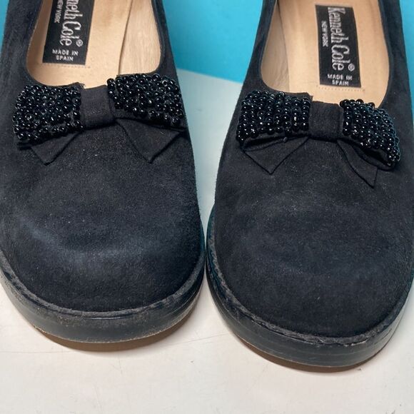 Vintage Black Kenneth Cole Heels Size 8.5 Leather & Suede with Beaded Bow - Picture 5 of 12